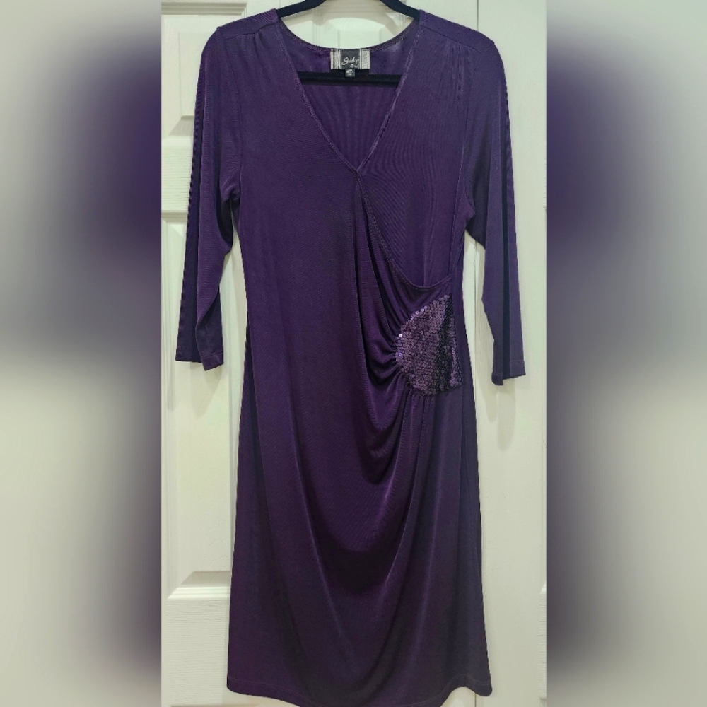 Slinky Brand Purple Knit Dress Y2K Size Medium Faux Wrap Ruched Sequin Accent
